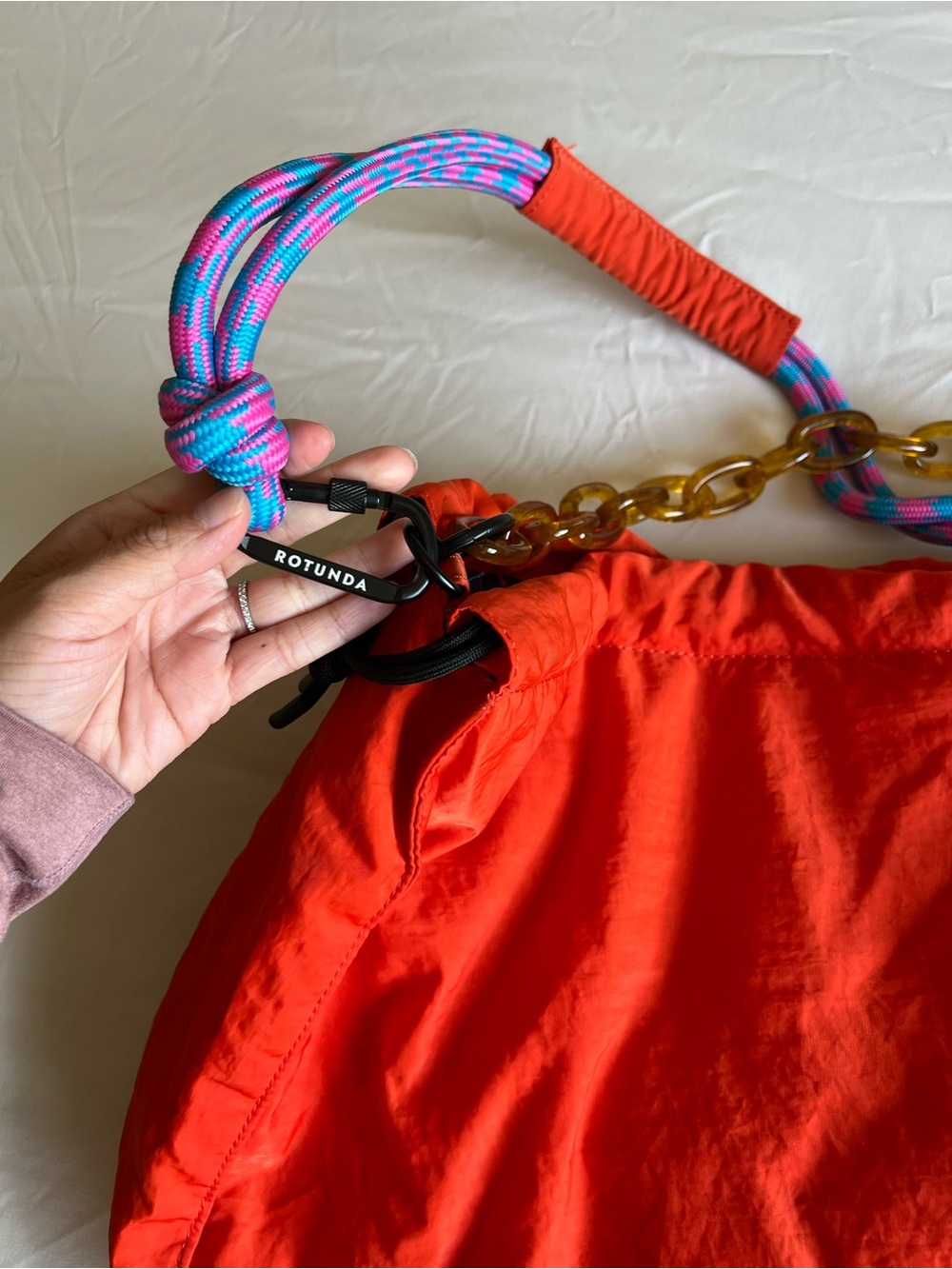 Bright Orange Tote with Mixed Chain & Rope Handle - Picture 3 of 6